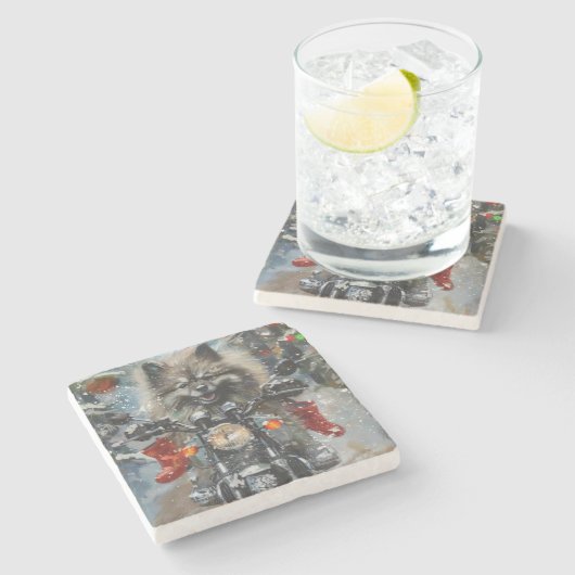 Keeshond Dog Riding Motorrad Weihnachten Steinuntersetzer (Seitenansicht)