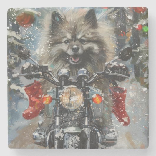Keeshond Dog Riding Motorrad Weihnachten Steinuntersetzer (Vorderseite)