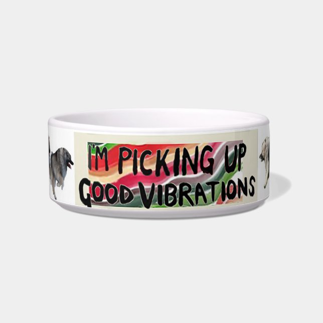 Keeshond Food Bowl mit dem Logo "Good Vibrations" Napf (Vorderseite)