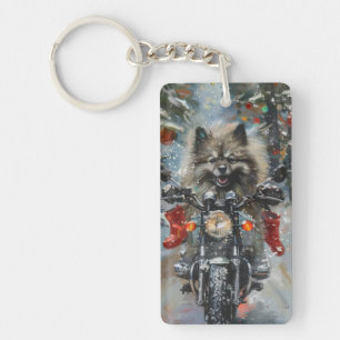 Keeshond Hund fährt Motorrad Weihnachten Schlüsselanhänger