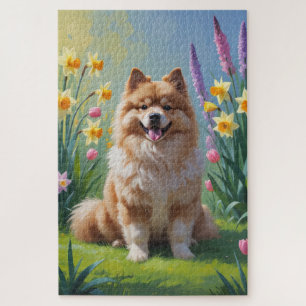 Keeshond-Hund-Frühlingsblumen-Gemälde Puzzle