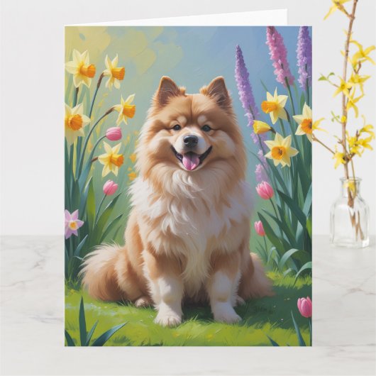 Keeshond Hund Frühlingsblumen Malerei Karte (Gelbe Blume)