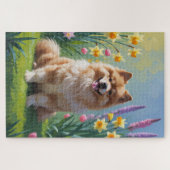 Keeshond Hund Frühlingsblumen Malerei Puzzle (Horizontal)