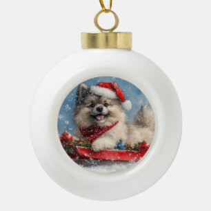 Keeshond Hund im Schlitten Lass es schneien Weihna Keramik Kugel-Ornament
