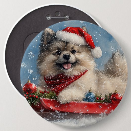 Keeshond Hund in Sledge Lass es Schnee Weihnachten Button (Vorne & Hinten)