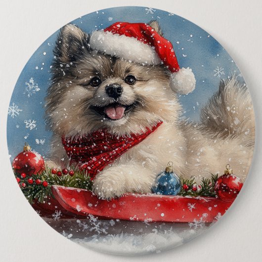 Keeshond Hund in Sledge Lass es Schnee Weihnachten Button (Vorderseite)