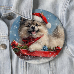 Keeshond Hund in Sledge Lass es Schnee Weihnachten Button