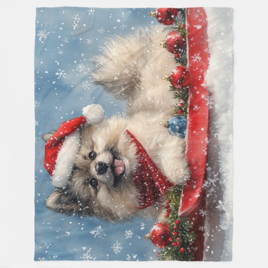 Keeshond Hund in Sledge Lass es Schnee Weihnachten Fleecedecke (Vorderseite)