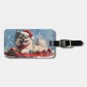Keeshond Hund in Sledge Lass es Schnee Weihnachten Gepäckanhänger