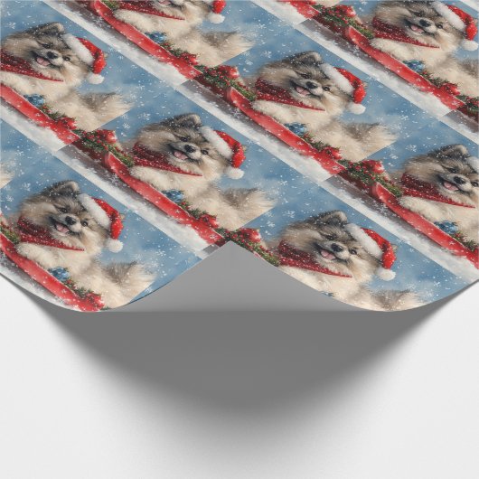 Keeshond Hund in Sledge Lass es Schnee Weihnachten Geschenkpapier (Ecke)