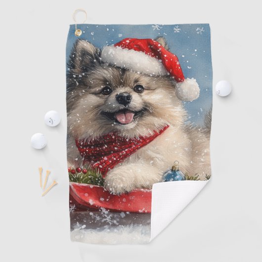 Keeshond Hund in Sledge Lass es Schnee Weihnachten Golfhandtuch (Insitu)