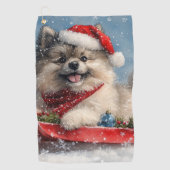 Keeshond Hund in Sledge Lass es Schnee Weihnachten Golfhandtuch (Vorderseite)
