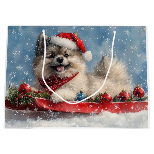 Keeshond Hund in Sledge Lass es Schnee Weihnachten Große Geschenktüte (Vorderseite)