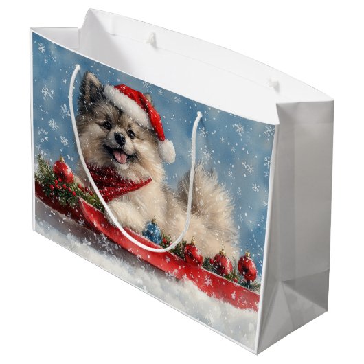 Keeshond Hund in Sledge Lass es Schnee Weihnachten Große Geschenktüte (Rückseite Schrägansicht)