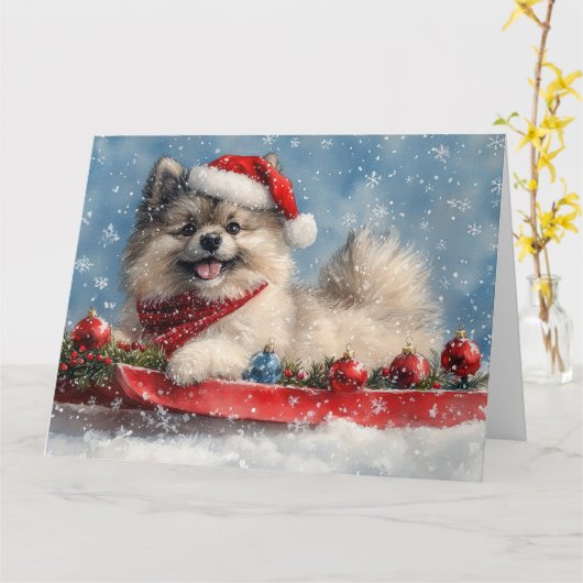 Keeshond Hund in Sledge Lass es Schnee Weihnachten Karte (Gelbe Blume)