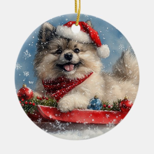 Keeshond Hund in Sledge Lass es Schnee Weihnachten Keramik Ornament (Vorne)
