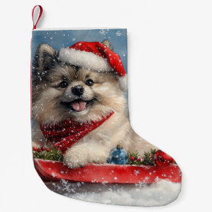 Keeshond Hund in Sledge Lass es Schnee Weihnachten Kleiner Weihnachtsstrumpf