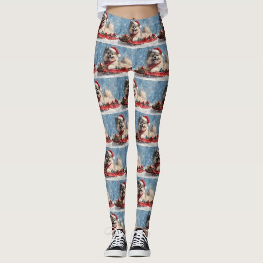 Keeshond Hund in Sledge Lass es Schnee Weihnachten Leggings (Vorderseite)