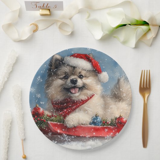 Keeshond Hund in Sledge Lass es Schnee Weihnachten Pappteller (Hochzeit)