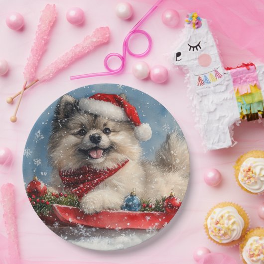 Keeshond Hund in Sledge Lass es Schnee Weihnachten Pappteller (Party)