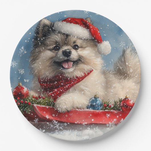 Keeshond Hund in Sledge Lass es Schnee Weihnachten Pappteller (Vorderseite)
