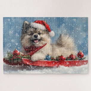 Keeshond Hund in Sledge Lass es Schnee Weihnachten Puzzle