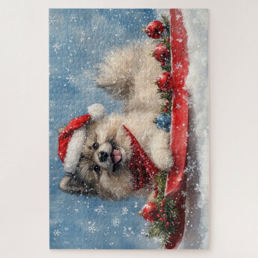 Keeshond Hund in Sledge Lass es Schnee Weihnachten Puzzle (Vertikal)