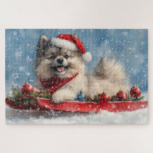Keeshond Hund in Sledge Lass es Schnee Weihnachten Puzzle (Horizontal)