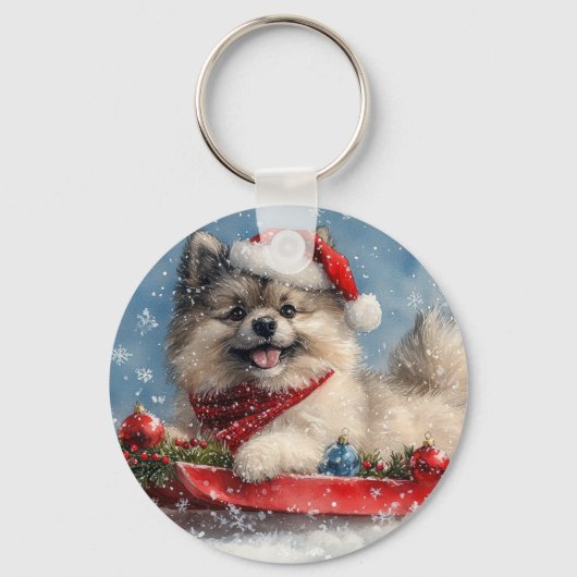Keeshond Hund in Sledge Lass es Schnee Weihnachten Schlüsselanhänger (Vorderseite)