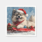 Keeshond Hund in Sledge Lass es Schnee Weihnachten Serviette (Vorderseite)
