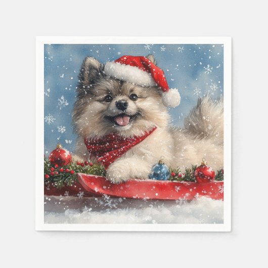 Keeshond Hund in Sledge Lass es Schnee Weihnachten Serviette (Vorderseite)