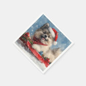 Keeshond Hund in Sledge Lass es Schnee Weihnachten Serviette (Ecke)