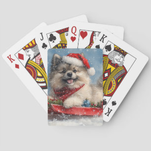 Keeshond Hund in Sledge Lass es Schnee Weihnachten Spielkarten