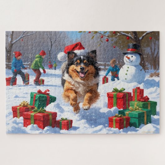 Keeshond Hund läuft im Schnee mit Weihnachtshut Puzzle (Horizontal)