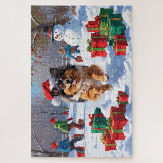 Keeshond Hund läuft im Schnee mit Weihnachtshut Puzzle (Vertikal)