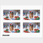 Keeshond Hund läuft im Schnee mit Weihnachtshut Rechteckiger Aufkleber (Blatt)