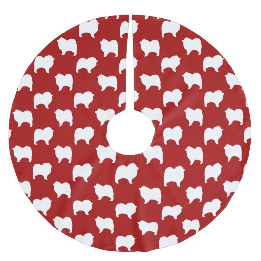 Keeshond Hund Silhouetten Muster Rot und Weiß Polyester Weihnachtsbaumdecke (Vorderseite)