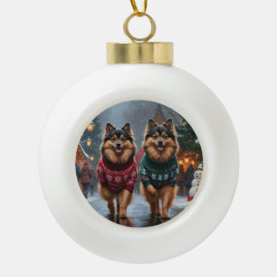 Keeshond Hunde Weihnachten Schnee Urlaub Keramik Kugel-Ornament