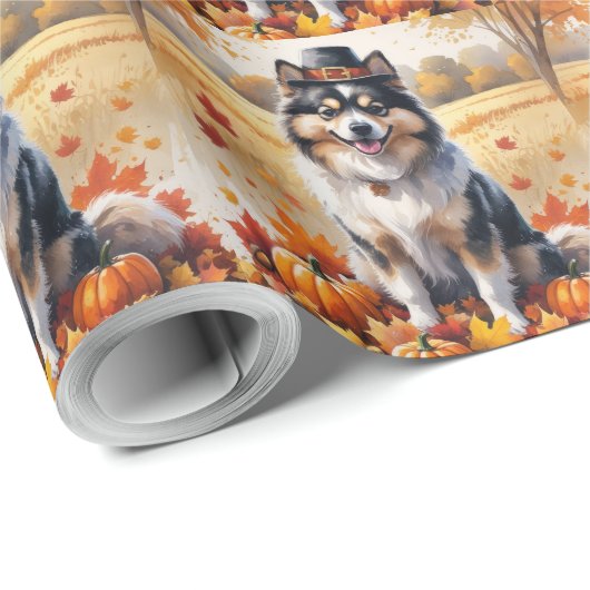 Keeshond im Herbst hinterlässt Erntedank Kunst Geschenkpapier (Rolleneckpunkt)