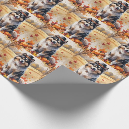 Keeshond im Herbst hinterlässt Erntedank Kunst Geschenkpapier (Ecke)