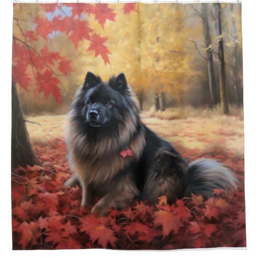 Keeshond im Herbst Leaves Fall Inspiriert Duschvorhang (Vorderseite)