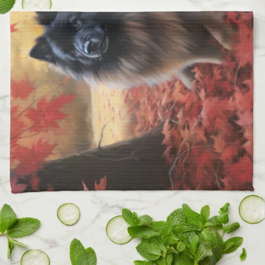 Keeshond im Herbst Leaves Fall Inspiriert Geschirrtuch (Gefaltet)