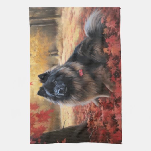 Keeshond im Herbst Leaves Fall Inspiriert Geschirrtuch (Vertikal)