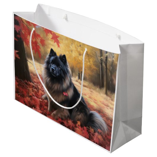Keeshond im Herbst Leaves Fall Inspiriert Große Geschenktüte (Rückseite Schrägansicht)