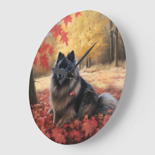 Keeshond im Herbst Leaves Fall Inspiriert Große Wanduhr (Winkel)