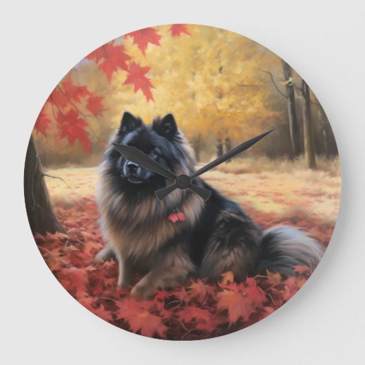 Keeshond im Herbst Leaves Fall Inspiriert Große Wanduhr (Vorderseite)