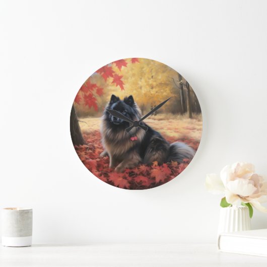 Keeshond im Herbst Leaves Fall Inspiriert Große Wanduhr (Zuhause)