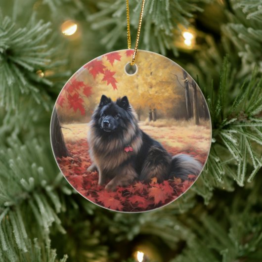 Keeshond im Herbst Leaves Fall Inspiriert Keramik Ornament (Baum)