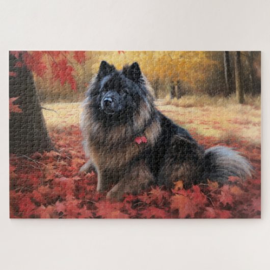 Keeshond im Herbst Leaves Fall Inspiriert Puzzle (Horizontal)