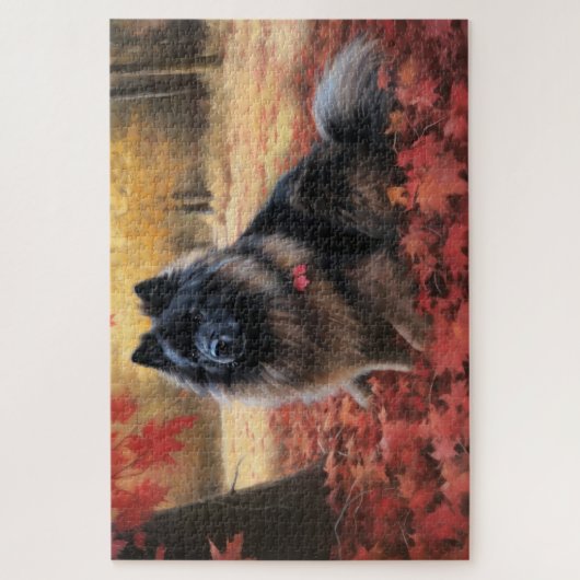 Keeshond im Herbst Leaves Fall Inspiriert Puzzle (Vertikal)